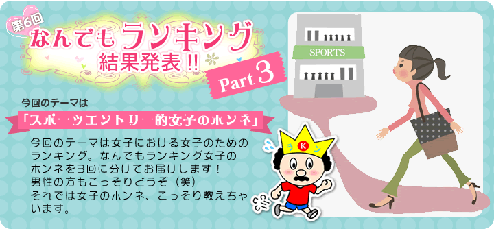 第6回なんでもランキング結果発表 part3。今回のテーマは女子における女子のためのランキング。なんでもランキング女子の本音3回に分けてお届けします！男性の方もこっそりどうぞ（笑）それでは女子のホンネ、こっそり教えちゃいます。